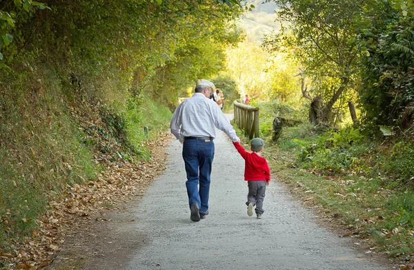 Grandfather and grandchild walking in nature path — Stock Photo, Image