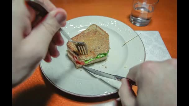 Časová prodleva rukou člověka zblízka jíst sendviče — Stock video