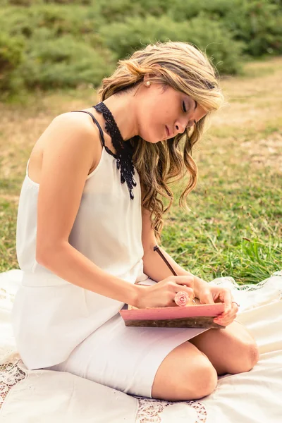 Ragazza romantica che scrive in un diario seduta all'aperto — Foto Stock