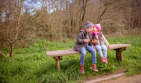 Little girl talking to the ear of boy sitting on bench — Stock Photo, Image