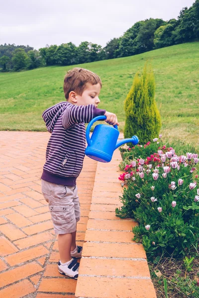 Öntözés a virágokat a kertben boldog fiú — Stock Fotó