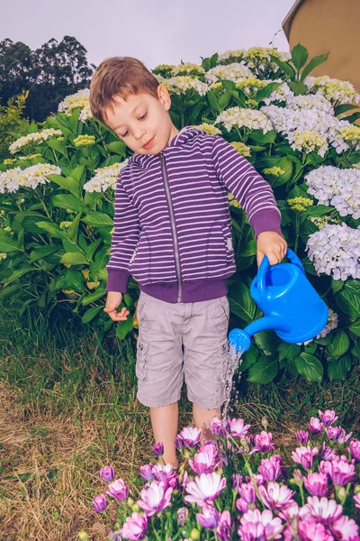 Niño feliz regando flores en el jardín —  Fotos de Stock