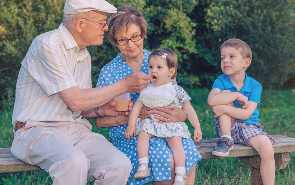 Senior man voeding aan babymeisje, zittend in een bankje — Stockfoto