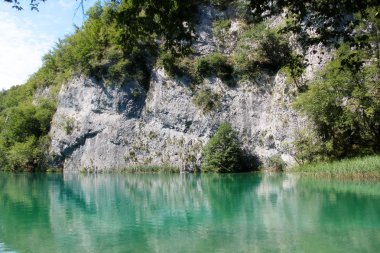 Güzel manzara Şelalesi, doğa manzarası içinde milli park Plitvice lakes - Plitvi kaya duvarları? ka jezera, Hırvatistan