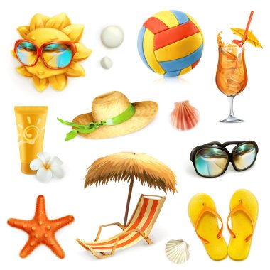 Summer beach, set of vector icons clipart