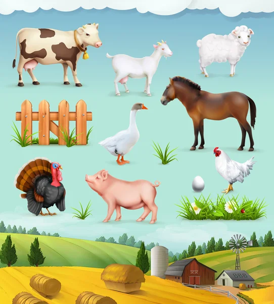 Ферма, животные и птицы набор векторных икон — стоковый вектор