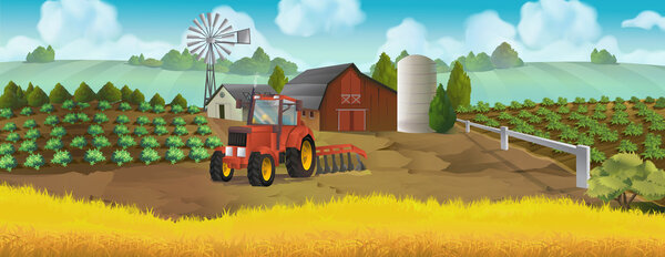 Farm, panorama landscape, vector background