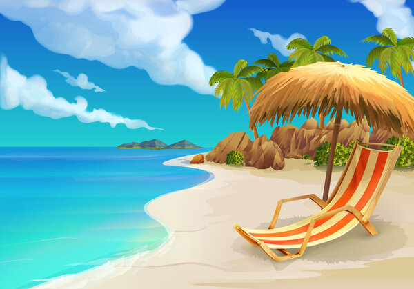 Тропический пляж, шезлонг, векторный фон

