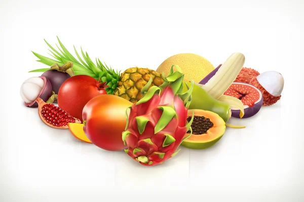 Frutas exóticas. Jugosa fruta y bayas vector ilustración aislado en blanco — Vector de stock