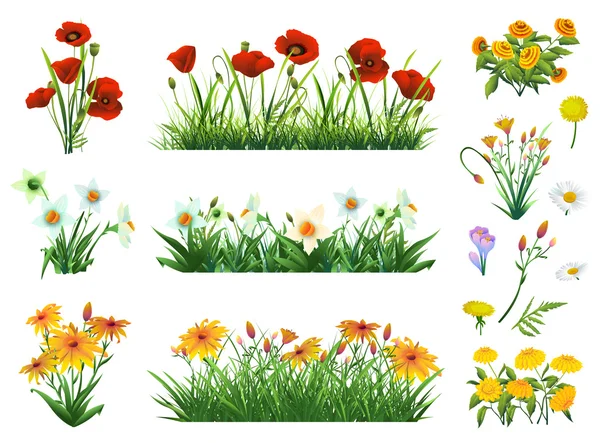 Flowers and grass set of vector elements. Nature and ecology — Stock Vector