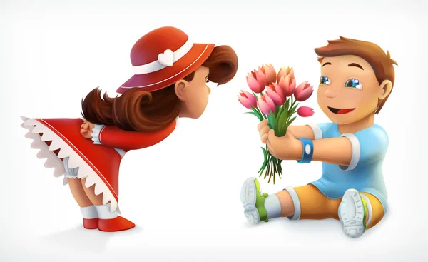 Κορίτσι και αγόρι. Χαιρετισμούς, μπουκέτο λουλούδια. Εικονογράφηση διανύσματος — Διανυσματικό Αρχείο