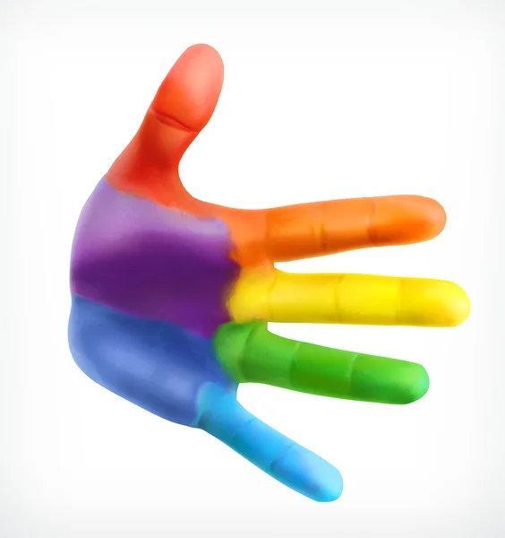 Цвет руки, символ дружбы, отпечаток руки в цветах радуги, векторная иконка на белом фоне — стоковый вектор