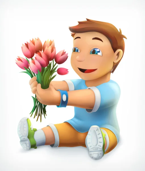 Little boy with bouquet of flowers, vector icon isolated on white background — Stock Vector