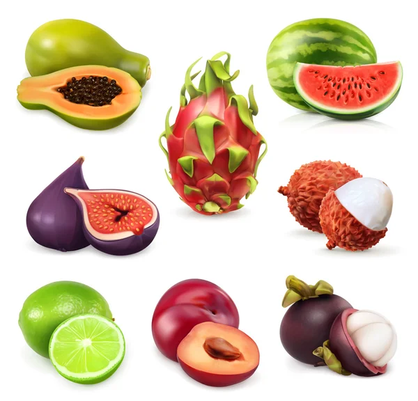 Sappig rijp zoet fruit. Vector pictogram ingesteld — Stockvector