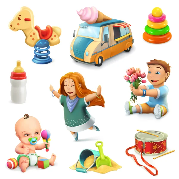 Kids and toys, set of vector icons — Stock Vector