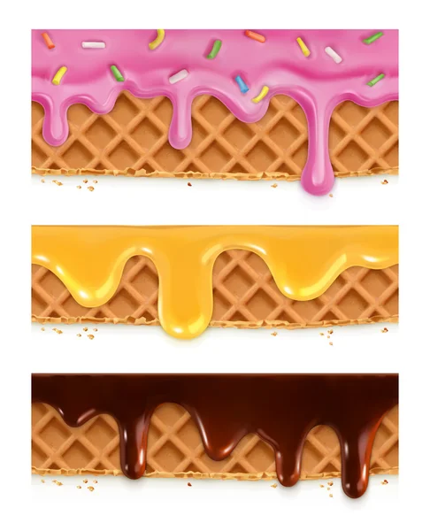 Wafels, chocolade, honing, glazuur, vector naadloze horizontale patronen — Stockvector