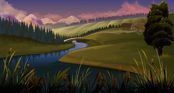 Nature, paysage rivière soir — Image vectorielle