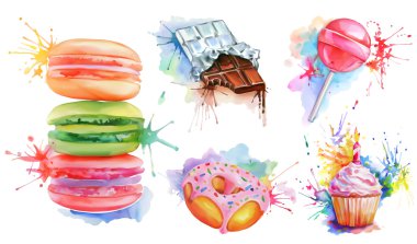 Suluboya şekerlemeler ayarla, vektör Icon collection candy lolipop, bademli kurabiye, doğum günü kek, çikolata, pembe sır ile çörek. Tatlıya için lezzetli yemekler