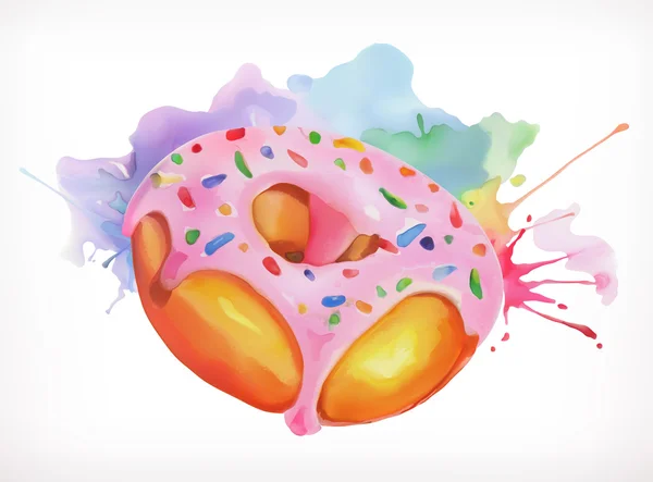 Donut with pink icing vector illustration, watercolor painting, isolated on a white background — Stock Vector