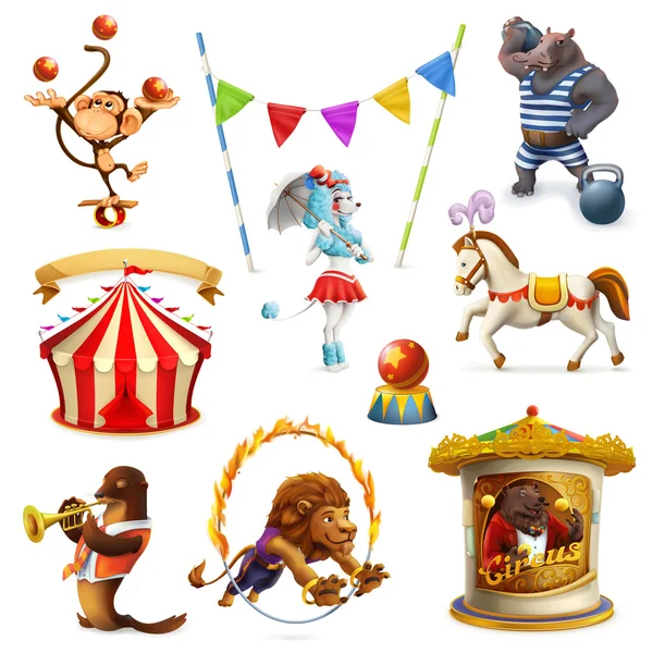 Circo, animales divertidos, conjunto de iconos vectoriales, malla — Vector de stock