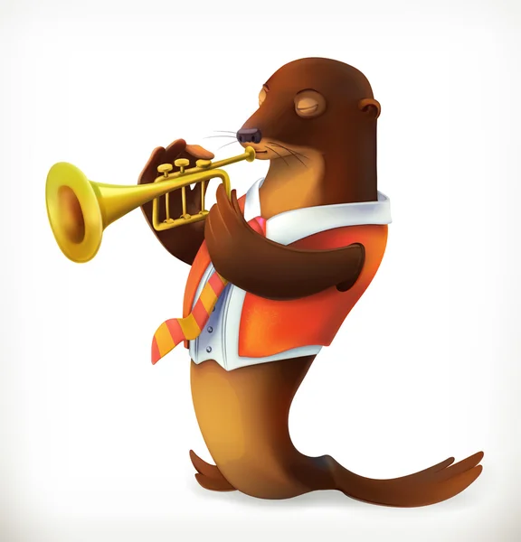 Seal playing trumpet, funny character, vector mesh — Stock Vector