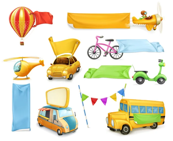 Cartoon transportation, cars and airplanes with banners and flags