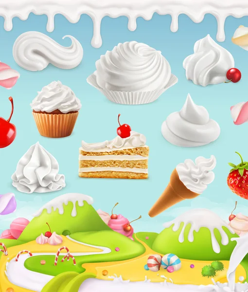 Chantilly, leite, creme, sorvete, bolo, cupcake, doces —  Vetores de Stock