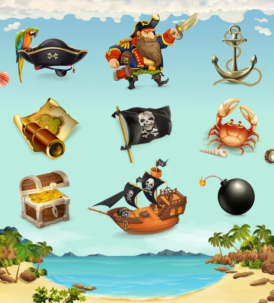 Sea pirates, funny character and objects — Stock Vector
