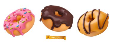 Donuts with pink icing and chocolate. 3d vector realistic objects. Food icon set clipart
