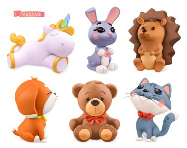 Komik küçük hayvanlar. Tek boynuzlu at, tavşan, kirpi, köpek, ayı, kedi. 3d vektör simgesi ayarlandı