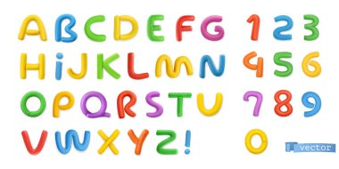 Komik plastisin, alfabe harfleri ve 3 boyutlu vektör gerçekçi kümesi.
