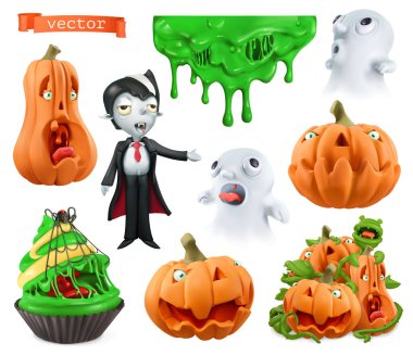 Mutlu Cadılar Bayramı. Oyulmuş balkabağı, kek, yapışkan damlalar, hayaletler, vampirler. Karakterler ve nesneler 3d vektör kümesi