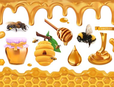 Honey 3D gerçekçi set. Arı, arı kovanı, bal peteği, damla, kusursuz desen