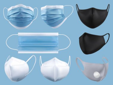 Tıbbi maske, cerrahi maske, virüs ve enfeksiyon koruması. 3d gerçekçi vektör nesnesi seti