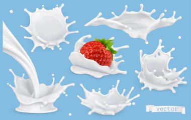 Süt damlaları. 3D gerçekçi vektör simgesi ayarlandı. Yemek illüstrasyonu