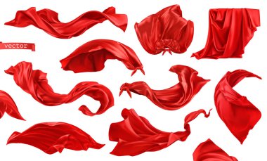 Red curtain, superhero red cape 3d realistic vector set clipart