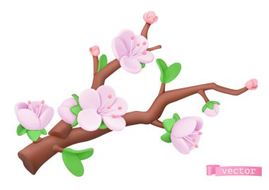 Bahar çiçekleri, plastik sanat çizimleri. Ağaç dalı. 3d karikatür vektör simgesi
