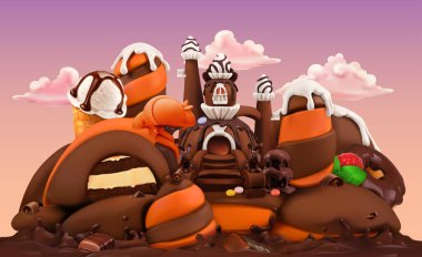 Güzel fabrika. Çikolata Kalesi 3 boyutlu vektör karikatür çizimi. Plastik sanat