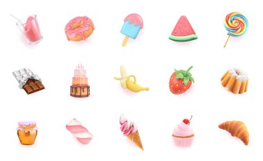 Tatlı ikonlar hazır. 3d gerçekçi vektör nesneleri. Kokteyl, tatlı, kek, pasta, çilek, karpuz, muz, çikolata, dondurma, bal, kruvasan, çörek, şeker