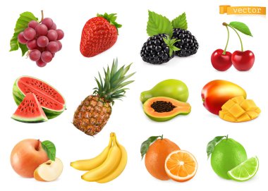 Tatlı meyveler. Üzüm, çilek, böğürtlen, kiraz, karpuz, ananas, papaya, mango, elma, muz, portakal, limon. 3d gerçekçi vektör nesneleri