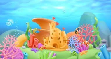 Sualtı dünyası manzarası. 3d vektör karikatür arka planı. Plastik sanat illüstrasyonu