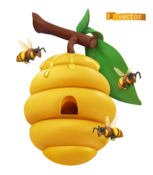 Bienenstock Auf Ast Und Honigbienen Vektor Cartoon Illustration — Stockvektor