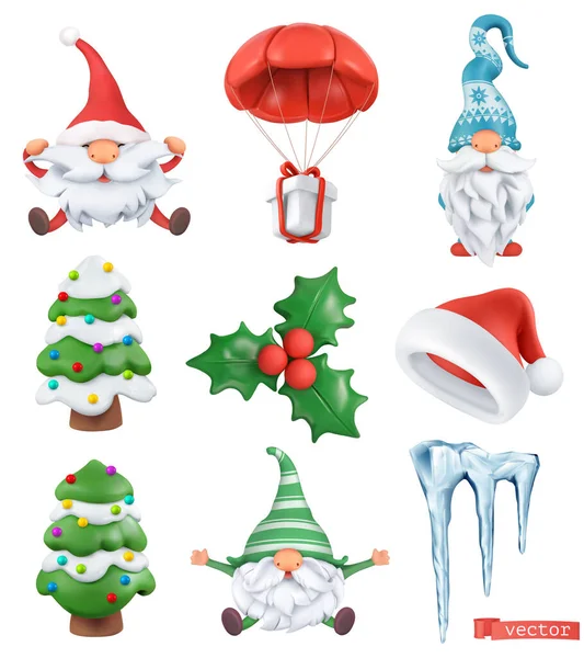 Weihnachten Cartoon Vektor Icon Set Weihnachtsmann Weihnachtsmann Zwerge Baum Geschenk — Stockvektor