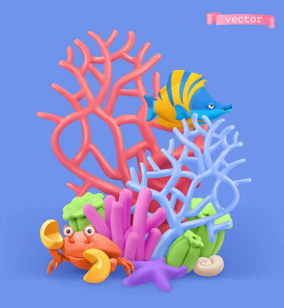 サンゴ礁と魚 3Dベクトル漫画イラスト プラスチックアートオブジェクト — ストックベクタ