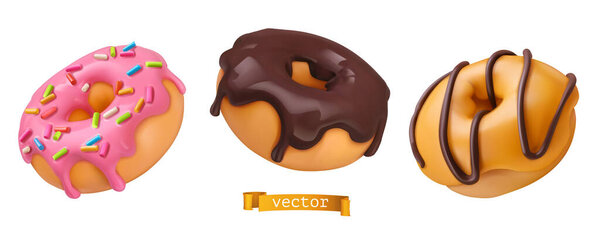 Пончики с розовой глазурью и шоколадом. 3d векторные реалистичные объекты. Набор иконок