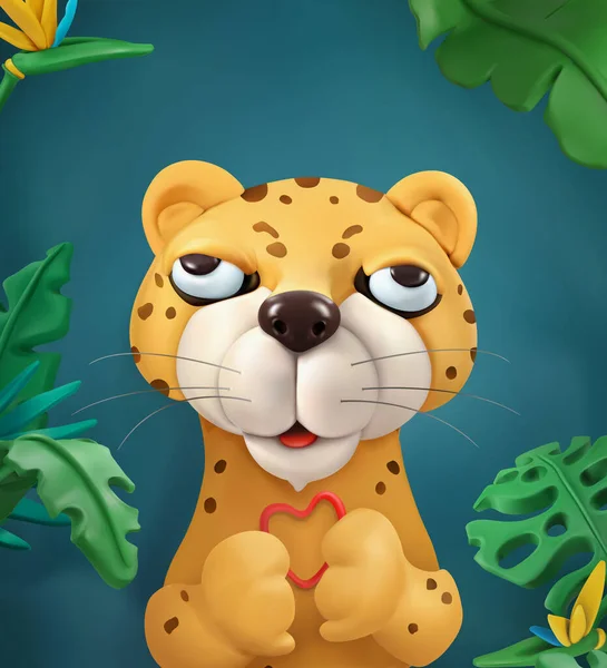 Leopard Cartoon Character Cute Animals Vector Art Illustration Greeting Card — Stock Vector