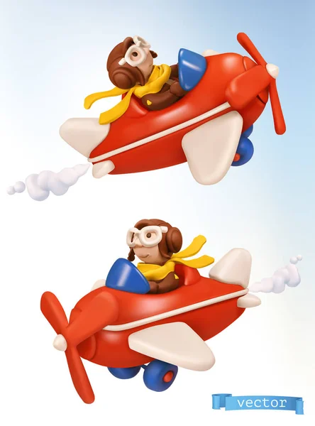おもちゃの飛行機の3Dベクトルのアイコンを持つ小さなパイロット — ストックベクタ