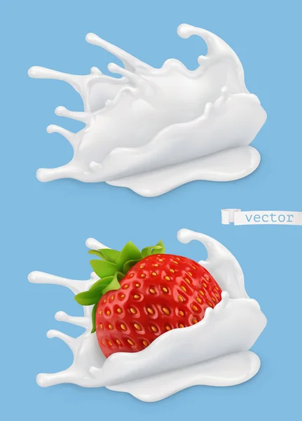 Salpicadura Leche Fresa Objetos Vectoriales Realistas Ilustración Alimentos — Vector de stock