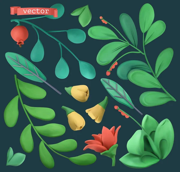Växter Och Blommor Objekt Set Plast Konst Illustration — Stock vektor