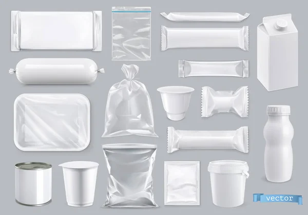Polyethyleen Polystyreen Verpakking Voor Levensmiddelen Realistische Vector Set Mockup — Stockvector